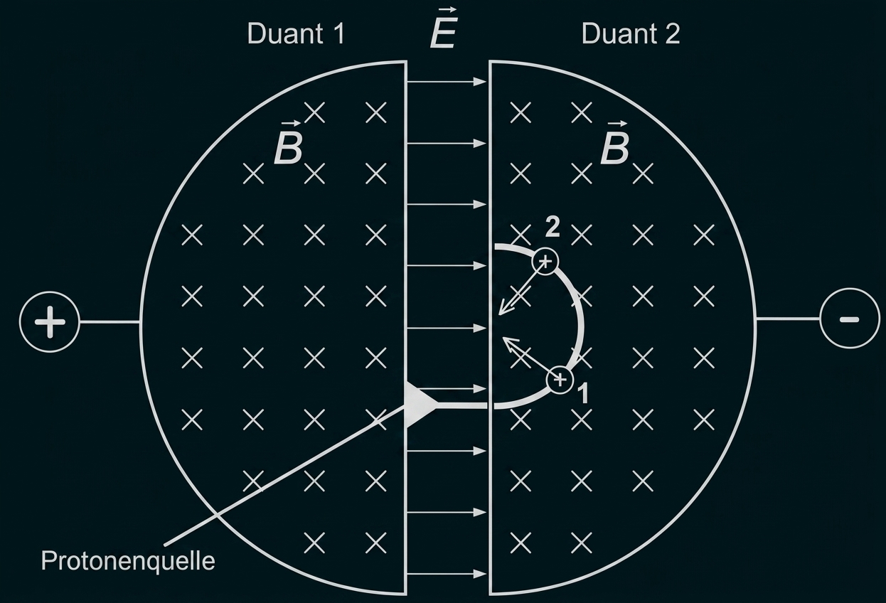Schema zum Davisson-Germer-Experiment mit Elektronenbeugung an zwei Duanten und Magnetfeld.